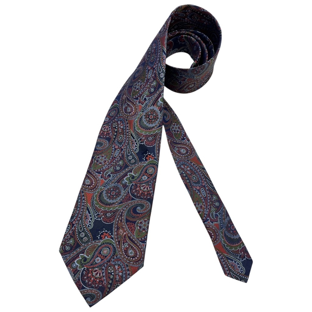 PAUL FREDRICK Navy/Orange/Green  Paisley Silk LUXURY Tie